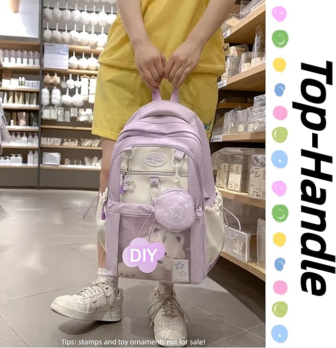 Kawaii Backpack Double Shoulder Bag with Cute Star Removable Pouch Clear Pocket Large Capacity Dopamine Colors Daypack (Clear Purple)