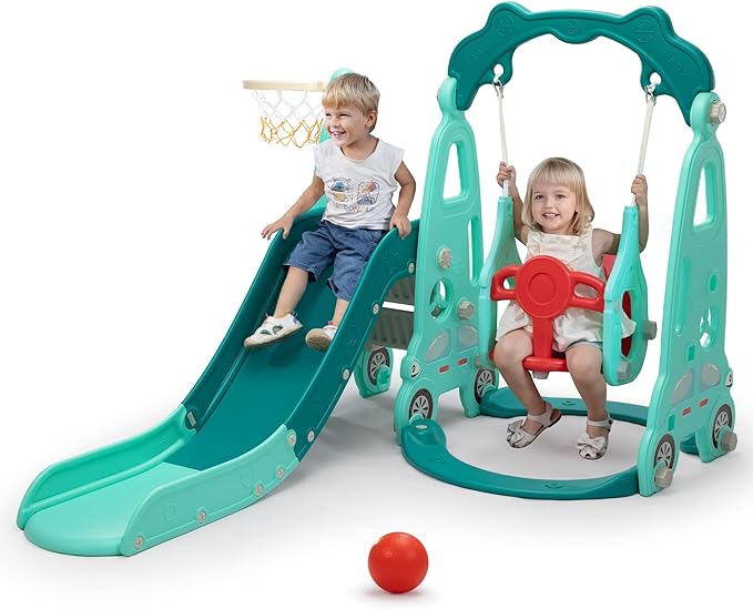 4 in 1 Slide Climber Swing Set, Freestanding Toddler Slide Climber Playset with Basketball Hoop, Toddler Playground Indoor Outdoor, Easy Setup