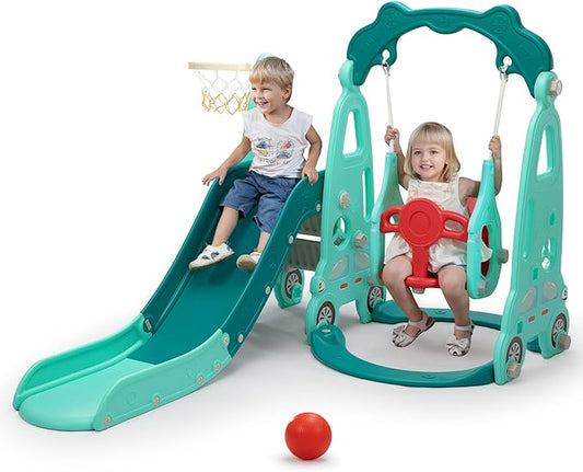 4 in 1 Slide Climber Swing Set, Freestanding Toddler Slide Climber Playset with Basketball Hoop, Toddler Playground Indoor Outdoor, Easy Setup