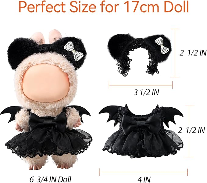 Clothes for labbuu Dolls - Cute Outfit for 6 3/4 Inch (17cm) labbuu Accessories, 2-Piece Doll Clothes Black (Doll Not Included) - Perfect for Collectors and Dress-Up (Halloween Bat Dress Set B)