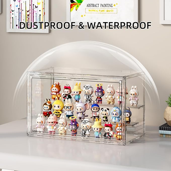 Clear Acrylic Display Case for Collectibles 3 Layer Hobby Figure Display Case Box with Shelves Stackable Figurine Display Boxes for Funko Pop Mart Labubu Model, 2 Pack