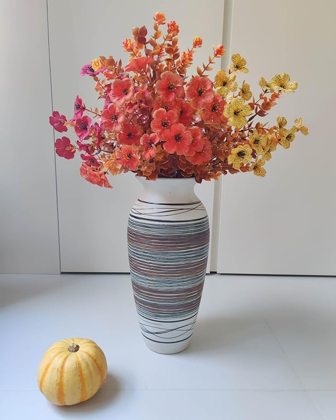 12.6" Tall Vintage Ceramic Rustic Farmhouse Vase (Half Stripe Brown) | Large Boho Textured Flower Vases for Home Decor, Living Room, Table, Mantel, Shelf