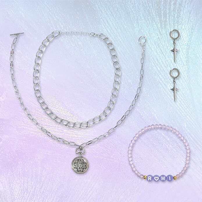Demon Kpop Rumi Jewelry Set – Chain Necklace, Cross Earrings & Elastic Glass Bead Bracelet with RUMI Letters, Fan Inspired Costume Accessories