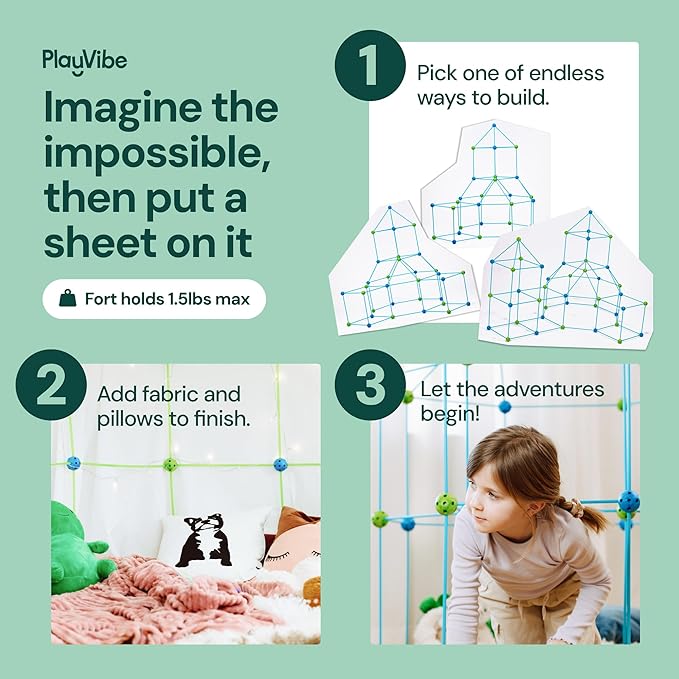 PLAYVIBE Fort Building Kit - 130 Pieces, Blue - Indoor & Outdoor Play, STEM Toy & Building Toys & Creative Forts