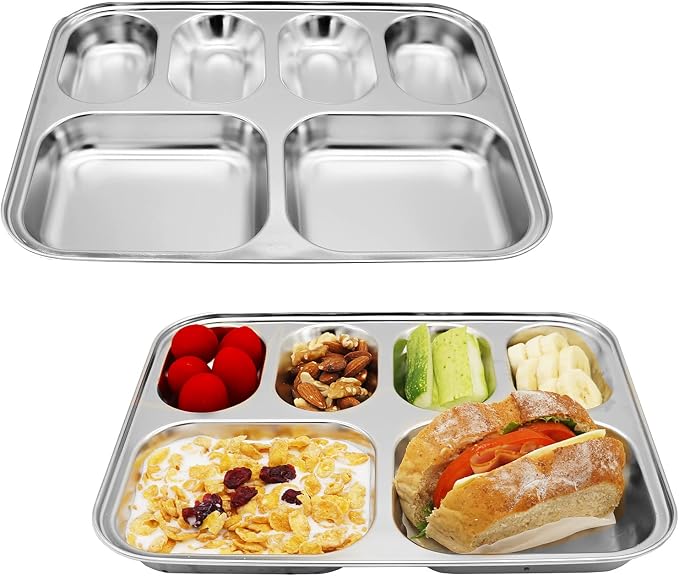 Korean Stainless Steel Divided Plates for Kids & Adults 2-Pack Food Tray | 6-compartment tray for portion control. Premium 304 electro-polished stainless steel, no black residue