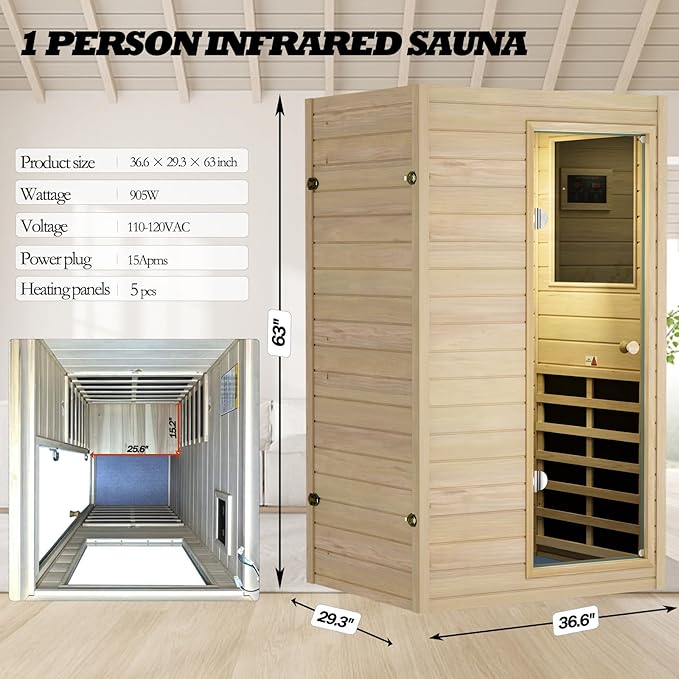 Kanlanth 1 Person Infrared Sauna - Premium European Aspen Wood, 905W Energy Efficient, Low EMF Indoor Sauna, Bluetooth Speakers, Compact Home Spa for Small Spaces, 36.6"x29.3"x63", Right Door