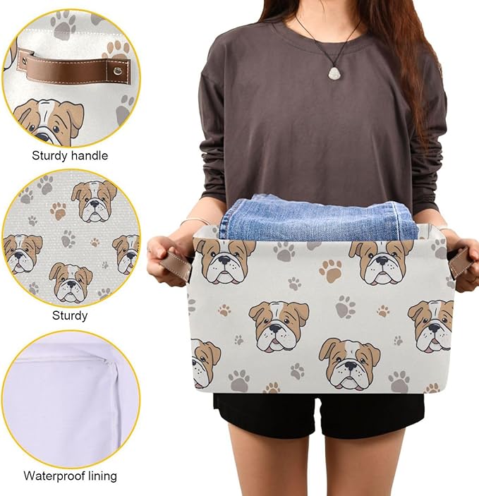 Aslsiy Storage Basket Dog Paws Nursery Bins English Bulldog Baby Box Canvas Clothes Shelf Basket Laundry Hamper Gift Basket for Home Closet 2 Pcs