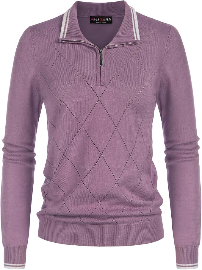 JACK SMITH Quarter Zip Pullover Sweaters for Womens, Rib Polo Sweater Tops | V Neck,Knit,Long Sleeve,Argyle,Open Pattern,Callar,Lightweight,Fashion,Golf Work Business Daily Wear Versatile Pullover Shirt