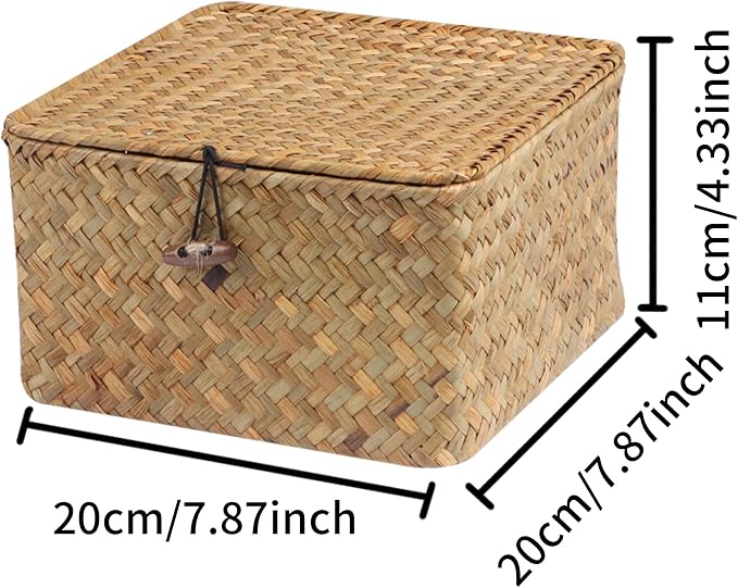 Moosky Wicker Shelf Baskets with Lid, Handwoven Seagrass Storage Basket Bins Square Gift Boxes for Shelves Home Decor Organizer (Natural, Small)