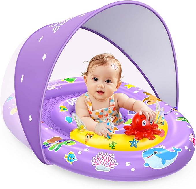 EZIGO Baby Pool Float with Canopy UPF 50+ Sun Protection, Double Air Chambers Infants Swimming Floats with Sound Toys Adjustable Safety Seat Toddler Float for Boys and Girls 6-36 Months