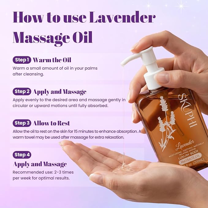 Body Oil for Massage, Lightweight Non Greasy Massage Oil for Relaxation & After Shower, Smooth Glide 6.76 Fl Oz (Lavender)