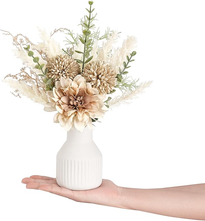 Mkono Fake Flowers in Ceramic Vase, 12.5" Coffee Table Centerpieces, Brown | Table Decor with vase, Small Silk Faux Artificial Flower Arrangements, Fits Bathroom Dining Room Kitchen Home Indoor Decor