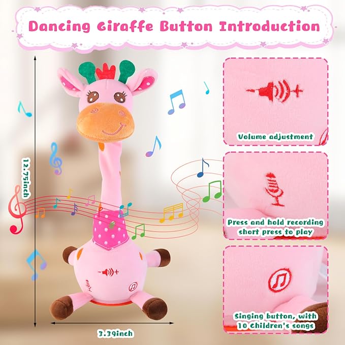 MIAODAM Dancing Giraffe Interactive Toy, Singing 10 Children's Song, Stuffed Baby Toy Repeats What You Say, Christmas Colorful Glowing Plush Interactive Toys for Toddler (Pink Giraffe)