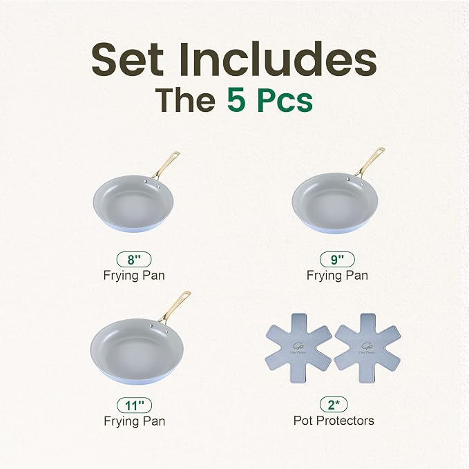 Chef Power Ceramic Frying Pan with Stainless Steel handle 5Pcs Set, Non Stick Grill Pan Set, Dishwasher and Oven Safe, Blue Gray and Granite Grey
