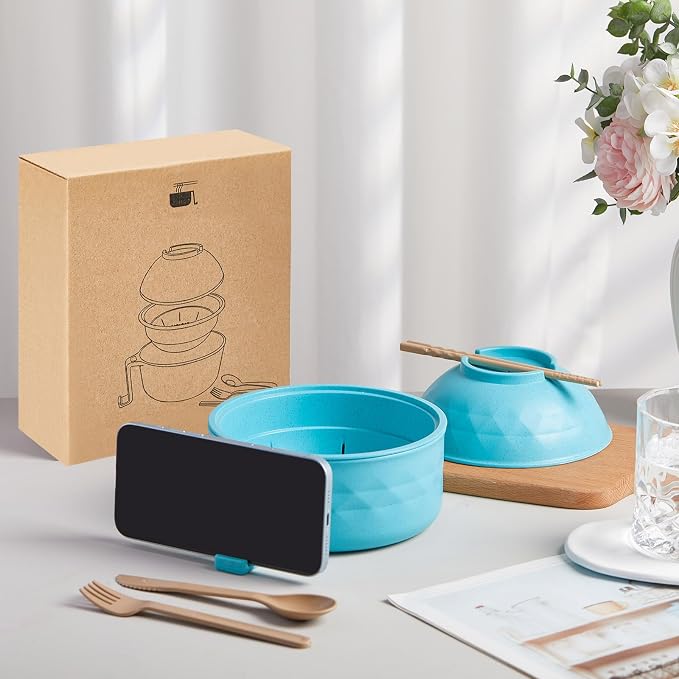 1 Set Microwave Ramen Cooker 40oz Wheat Straw Microwave Noodle Bowl Set with Chopsticks, Spoon, Fork, College Dorm Office Apartment Essentials (Sky Blue)