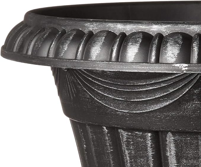 Arcadia Garden Products PL00SL Classic Traditional Plastic Urn Planter, Indoor/Outdoor Garden Plant Pot Garden Décor, 16” x 18”, Brushed Silver