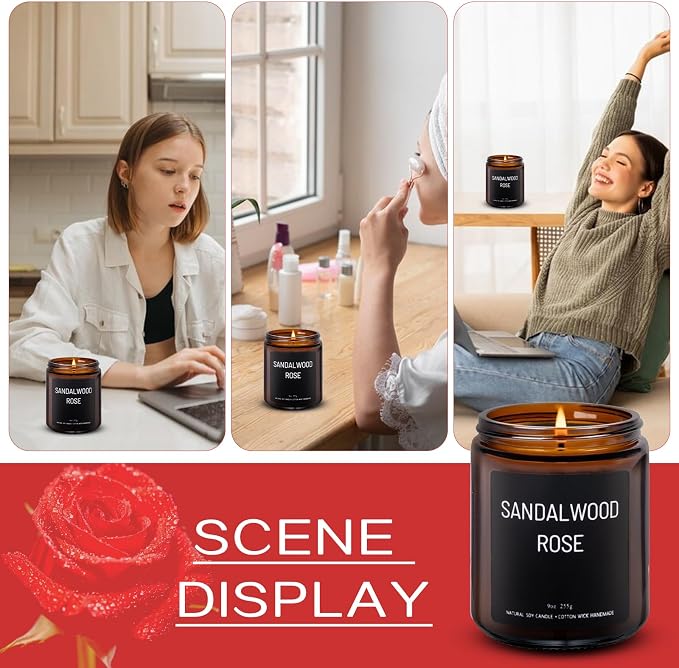 Sandalwood & Rose Scented Candles for Home Scented Aromatherapy Candles, Hand-Poured, 9 OZ, 50H Clean Burn,Soy Wax Candle Gift Set for Women Men