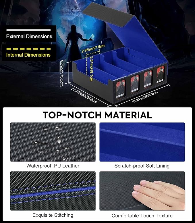 MoKo Card Storage Box for Trading Cards, 3000+ MTG Deck Box with 24 Colorful Dividers & 4 Card Supporters, Commander Card Deck Case with Display Window, Fits for Magic Game Cards, YugiOh, Black Blue