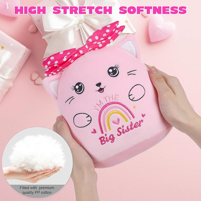 Big Sister Stuffed Animals: 9-Inch Cute I'm The Big Sister Cat Plush Toy, Pink Bow Rainbow Heart Cat Plushie Pillow, Gifts for Kids Girls Party Decor New Sibling Announcement