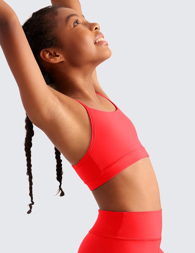CRZ YOGA Girls Butterluxe Y Back Sports Bra - Yoga Athletic Casual Tops Scoop Neck Spaghetti Strap Padded Crop Kids Teen