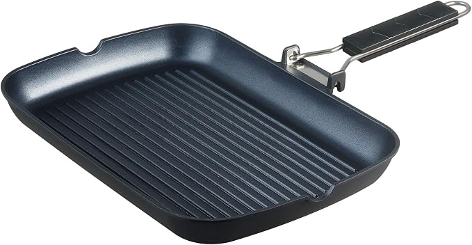 S·KITCHN Grill Pan with Folding Handle, Nonstick Grilling Pan for Stove Tops, Induction Compatible Rectangle KBBQ Pan with Pour Spouts - 13 × 9IN