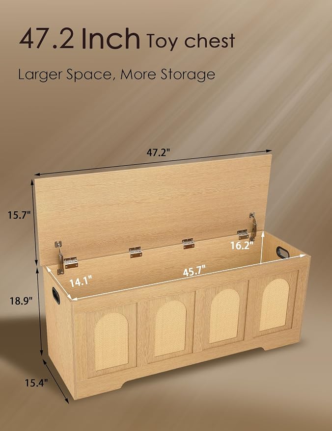 Storage Chest, Wooden Toy Box, Natural Oak 47.2" L | Entryway Shoe Bench, 2 Safety Hinges, Finger-safe Flip-Top, Easy Assembly, Farmhouse Large Trunk, Rattan, Living Room/Bedroom