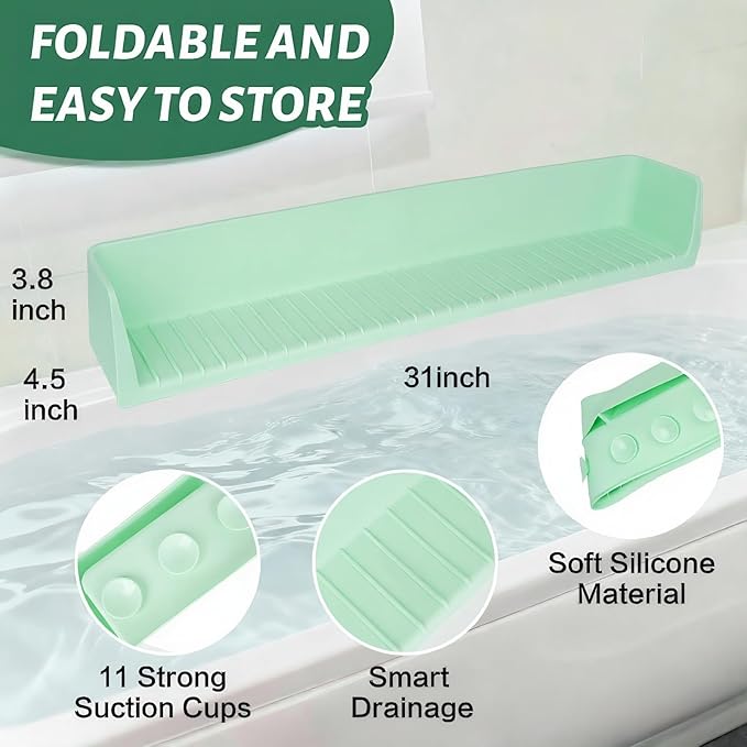 31-Ft Tub Kids Toy Tray Silicone Bathtub Splash Guard with 11 Suction Cups Holder,Soft Silicone Splash Guard for Easy Clean & Fold, Universal for Tub, Bathroom Sink, Kitchen Sink (Green)