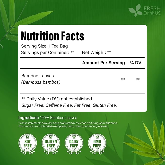 FreshDrinkUS, Premium Bamboo Leaf Tea Bags | 75 Count | Naturally Light & Refreshing Caffeine-Free Herbal Tea – From 100% Natural Bamboo Leaves. Sugar-Free. Vegan