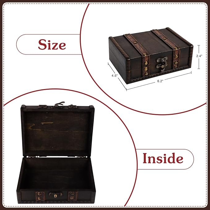 WaaHome Treasure Box for Kids 6.2" Pirate Treasure Chest Small Decorative Wooden Box for Storage Keepsakes Jewelry Tarot Cards Trinkets Dice and Home Decor Gifts