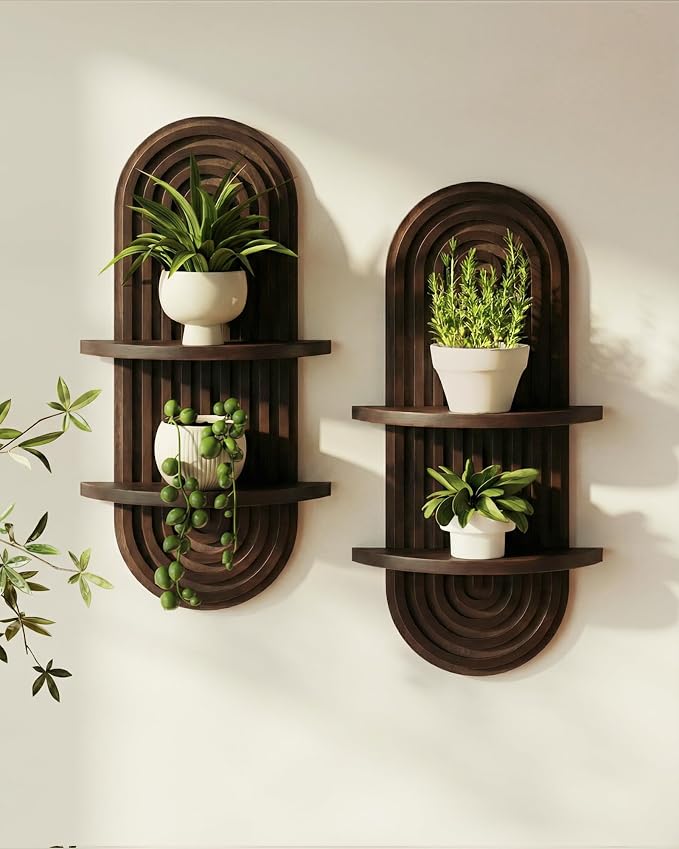 Bamworld Boho Wall Decor Plant Wall Shelf Wood Plant Holder Walnut 2PCS | Mid Century Modern Decor Hanging Plant Shelf Wooden Floating Shelves for Home Bedroom Living Room Holding Planter Decoration