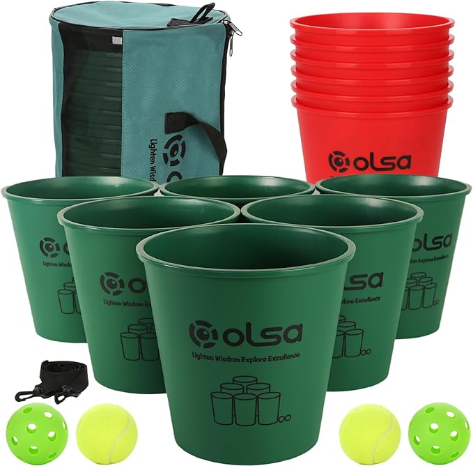 Olsa Giant Yard Pong Outdoor Games, Toss Family Game with 12 Buckets, Balls & Strength Carrying Bag for Beach Camping Lawn Backyard, Outdoor Games for Adults and Family (Green&Red)