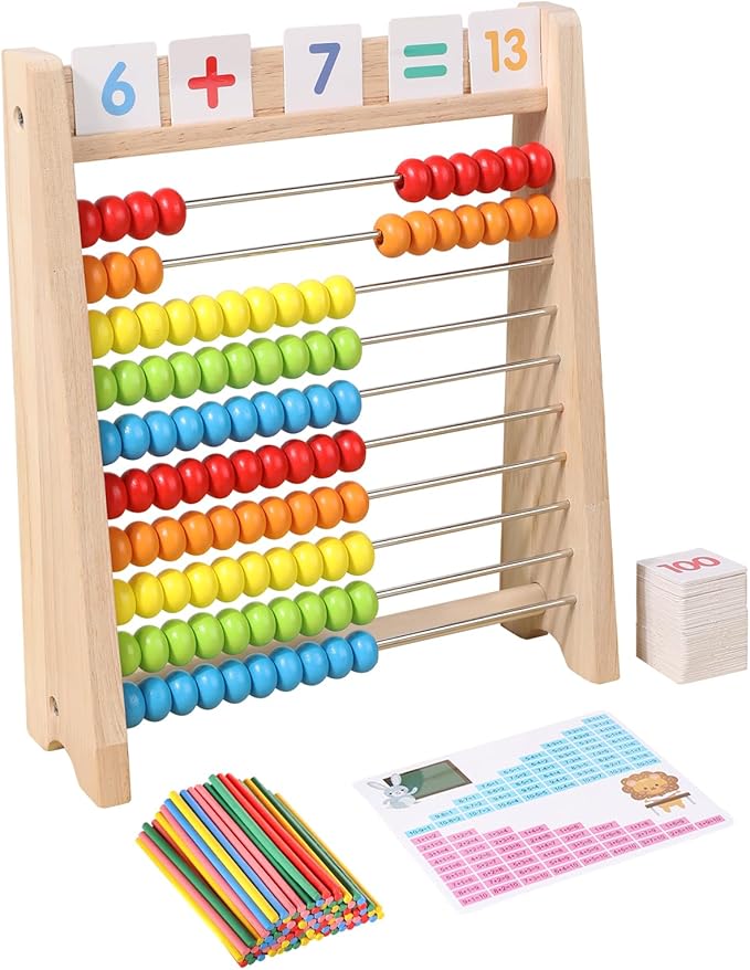 Wooden Abacus for Kids, Math Learning Tool, 10-Row Bead Frame with Counting Sticks, 1-100 Number Cards & Math Symbols, Preschool Educational Toy for Toddlers 3+