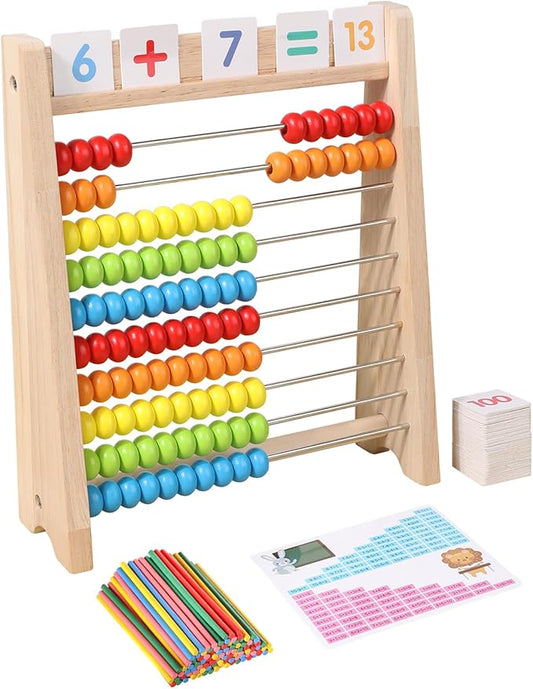 Wooden Abacus for Kids, Math Learning Tool, 10-Row Bead Frame with Counting Sticks, 1-100 Number Cards & Math Symbols, Preschool Educational Toy for Toddlers 3+