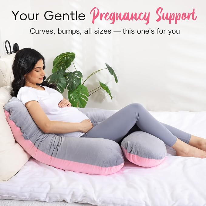 Pregnancy Pillow for Sleeping, Soft 57“ Full Body Maternity Pillow, U Shaped with Removable Washable Cover, Support for Back, Belly, Leg, Hip, Neck & Shoulder (Pink & Grey)