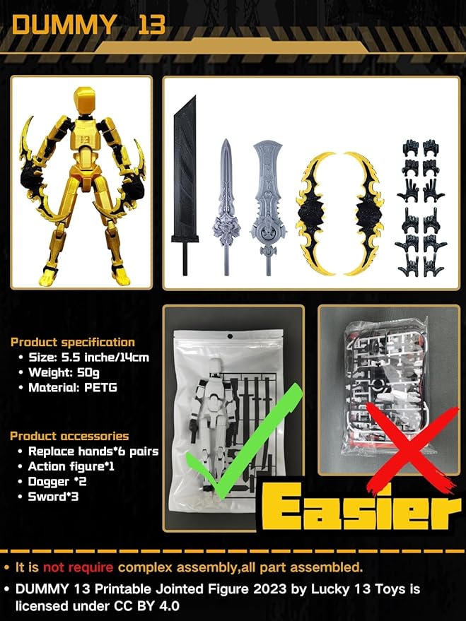 (Assembly Completed) T13 Action Figure, 5.5 Inch 3D Printed Multi-Jointed Movable Dummy 13 Toy,Dummy 13 Robot Action Figure with Lots of Weapons, Gold