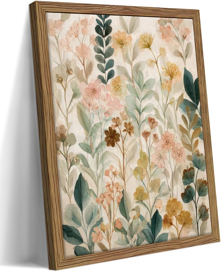 Framed Boho Floral Wall Art, Neutral Botanical Wildflower Canvas Wall Decor Painting, Vintage Flower Poster Print Picture for Living Room Bathroom Bedroom 12x16 Inch