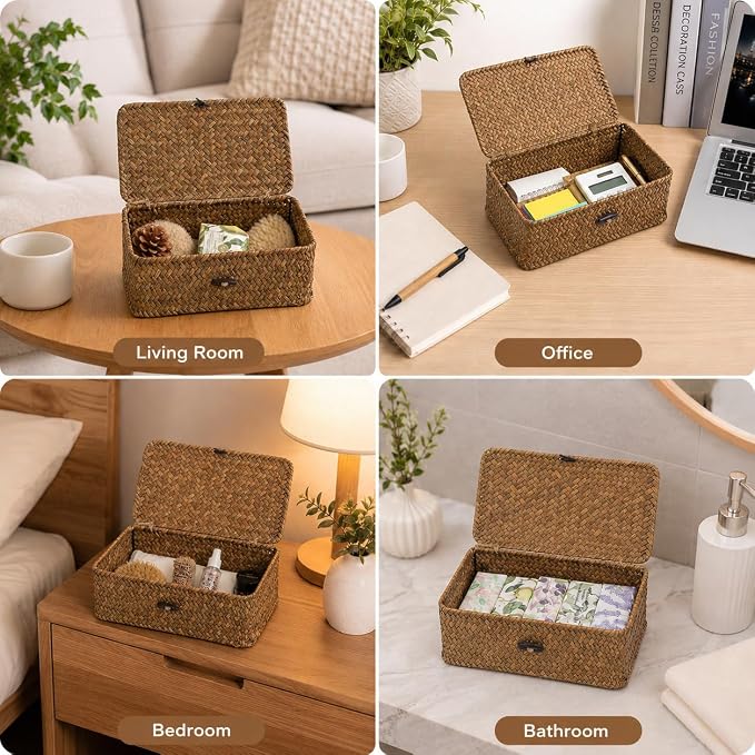 Seagrass Wicker Storage Basket with Lid, Small, Black | 9.05 x 5.11 x 3.34 Inch Box, Shelf Organizer, Rectangular Woven Bin, Small Item Storage, Decorative Color