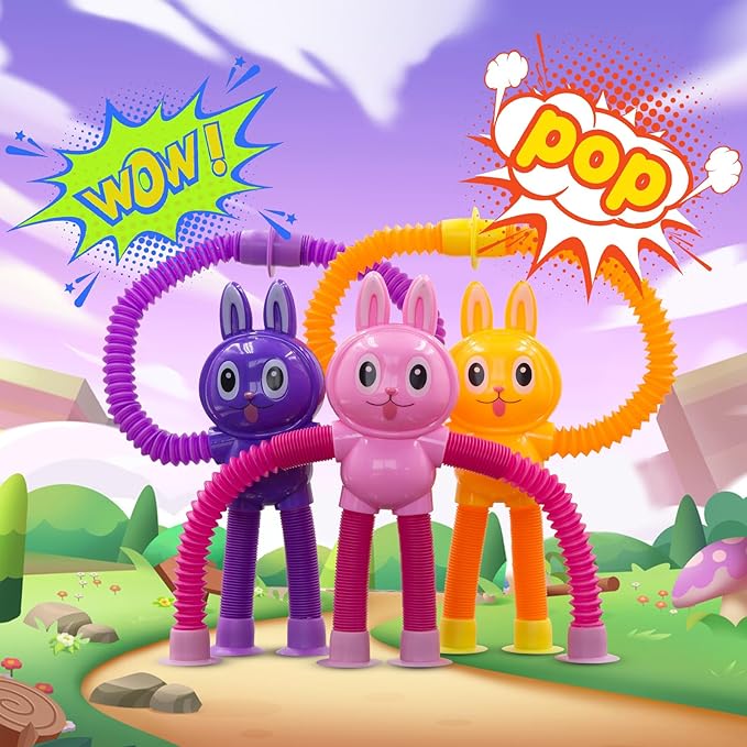 Pop Tubes Bunny Fidget Toys for Kids, 4Pack Fidget Pop Toys Telescopic Suction Cup Toy for Stress and Anxiety Relief, Stocking Stuffers Gift for Kids and Toddlers (4Pack Rabbit)