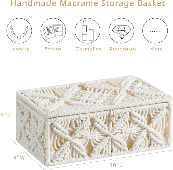 Decorative Boho Storage Baskets with Lid Natural Macrame Boxes | Handmade Cotton Rope Woven Bins, Shelf Desk Organizer Container for Jewelry Memory Keepsake Photo Makeup, Off White, Small