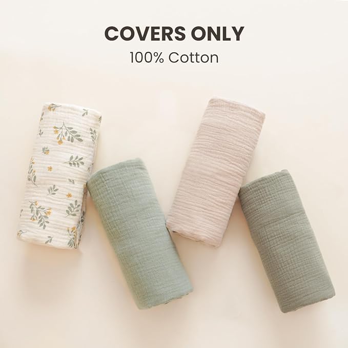 Konssy Muslin Baby Lounger Cover 2 Pack, 100% Cotton Newborn Lounger Cover, Soft and Breathable Baby Nest Slipcover for Boys Girls (Fog Green,Cream)