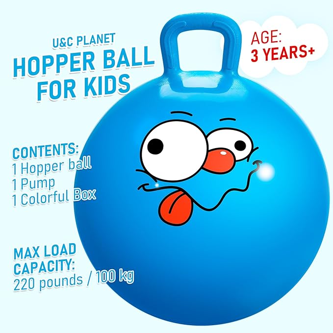 U&C Planet Hopper Ball 20 inches Bouncy Ball with Handle for Kids Age 5-9 Hoppity Hop Sit and Bounce Jumping Hopping Toy with Pump and Gift Box Great Gift for Birthday Christmas, Blue