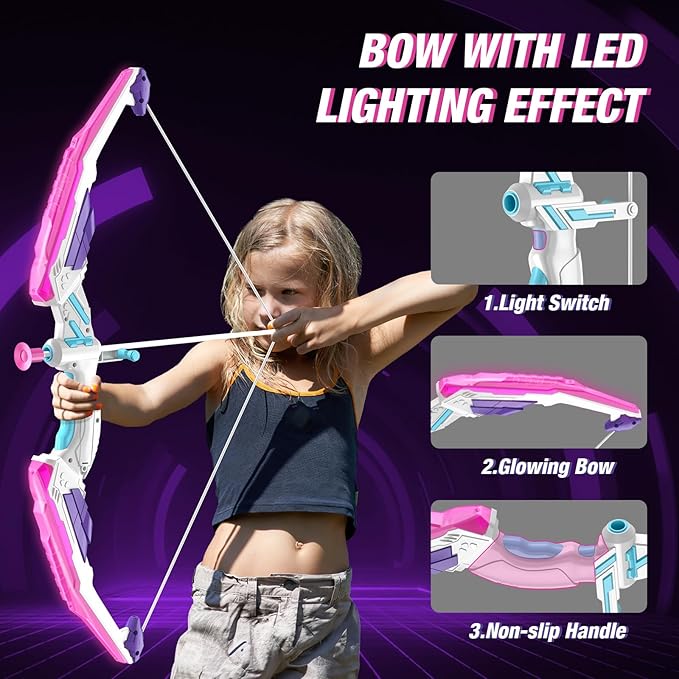 Bow and Arrow for Kids 4-6, LED Light Up Archery Set with 12 Suction Cup Arrows, 1 Standing Target, 3 Score Targets&1 Quiver, Indoor Outdoor Sport for Boys Girls Ages 8-12, Purple