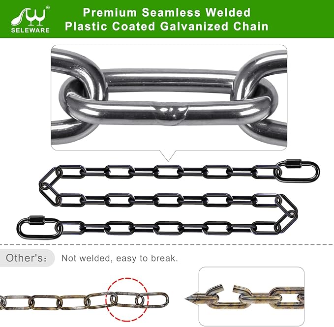 SELEWARE 2 Pack 40 Inch Hanging Swing Chain with 4 Carabiners, 1000LB Capacity Plastic Coated Hanging Chains, Hammock Hardware Kit for Swing, Hanging Chair, Punching Bags, Indoor Outdoor Gym (Black)
