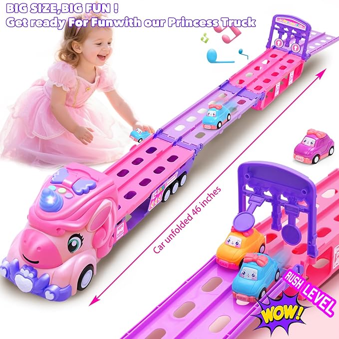 ZSHKG Girls Cars for 1 2 3 4 5 Year Old,Kids 7-in-1 Pink Unicorn Foldable Transport Carrier Trucks with Lights and Music W/ 6 Princess Cars Birthday Presents for 1-3 3-5 Yrs Old Girls Toddlers Babys