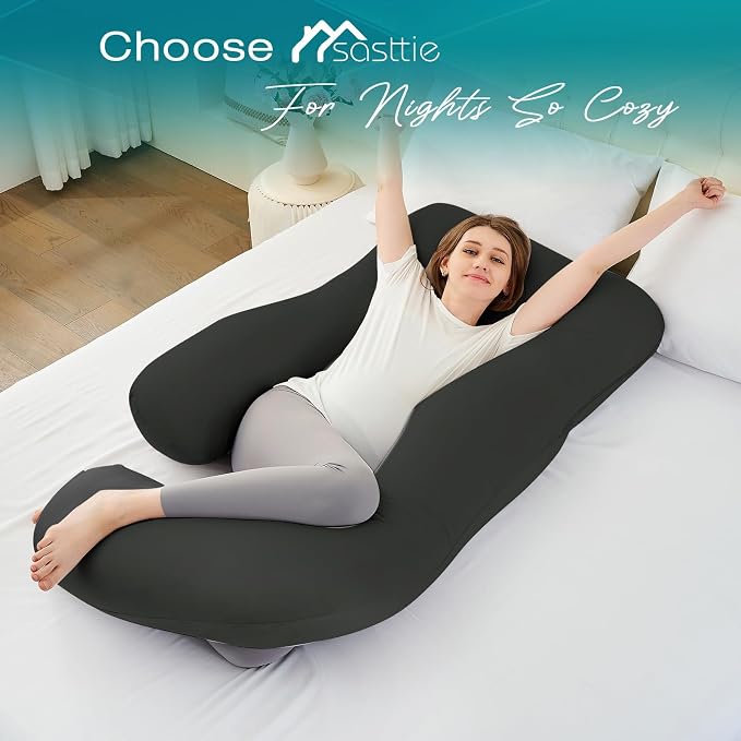 Sasttie Pregnancy Pillows for Sleeping, U Shaped Cooling Full Body Pillow with Removable Cover, Pregnant Women Must Haves, Maternity Essential, Black