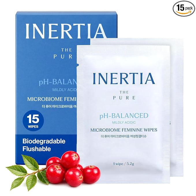 INERTIA Feminine Wipes - Flushable Intimate Wipes, pH-Balanced Microbiome Formula for Women, Biodegradable, Sensitive Skin, Individually Wrapped, 15 Count
