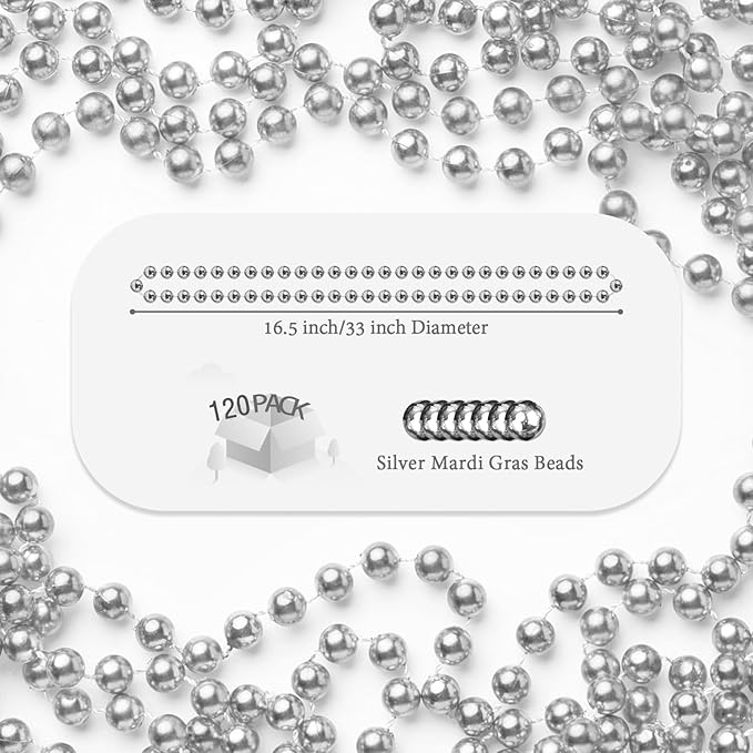120 PCS Silver Bead Necklaces, Silver Mardi Gras Beads Christmas Necklace, Patriotic Necklaces, 33 Inch Beaded Necklace for Mardi Gras Christmas Party, 4th of July and New Year Eve Festive Events
