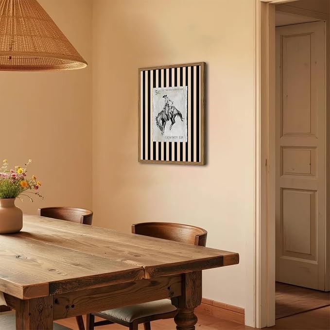 Vintage Western Wall Art, Rodeo Cowboy Horse Postage Wall Decor Mid Century Southwest With Stripes Western Canvas Prints for Living Room Bedroom Bathroom 12x16 inch Framed