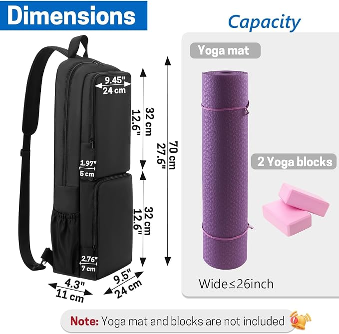 VISEMAN Yoga Mat Bag Carrier Waterproof Yoga Backpack with Multi Pockets, Lightweight Adjustable Yoga Bag for Mat, Yoga Blocks, Yoga Accessories