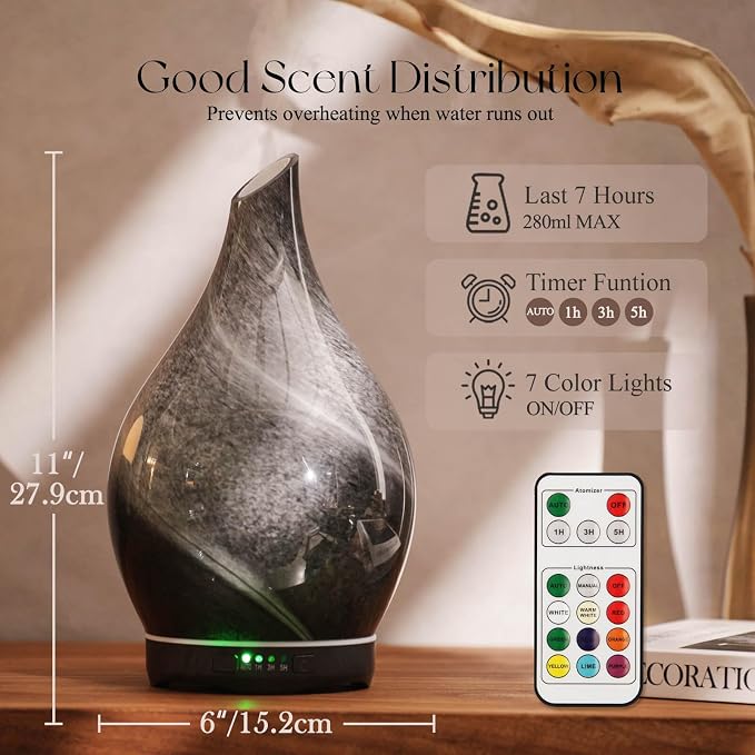 Porseme 280ml Essential Oil Diffuser Glass Color Changing Aroma Air Diffusers Aromatherapy Ultrasonic Cool Mist Humidifier with Remote Control 7 Running Hours Waterless Auto-Off (Obsidian)